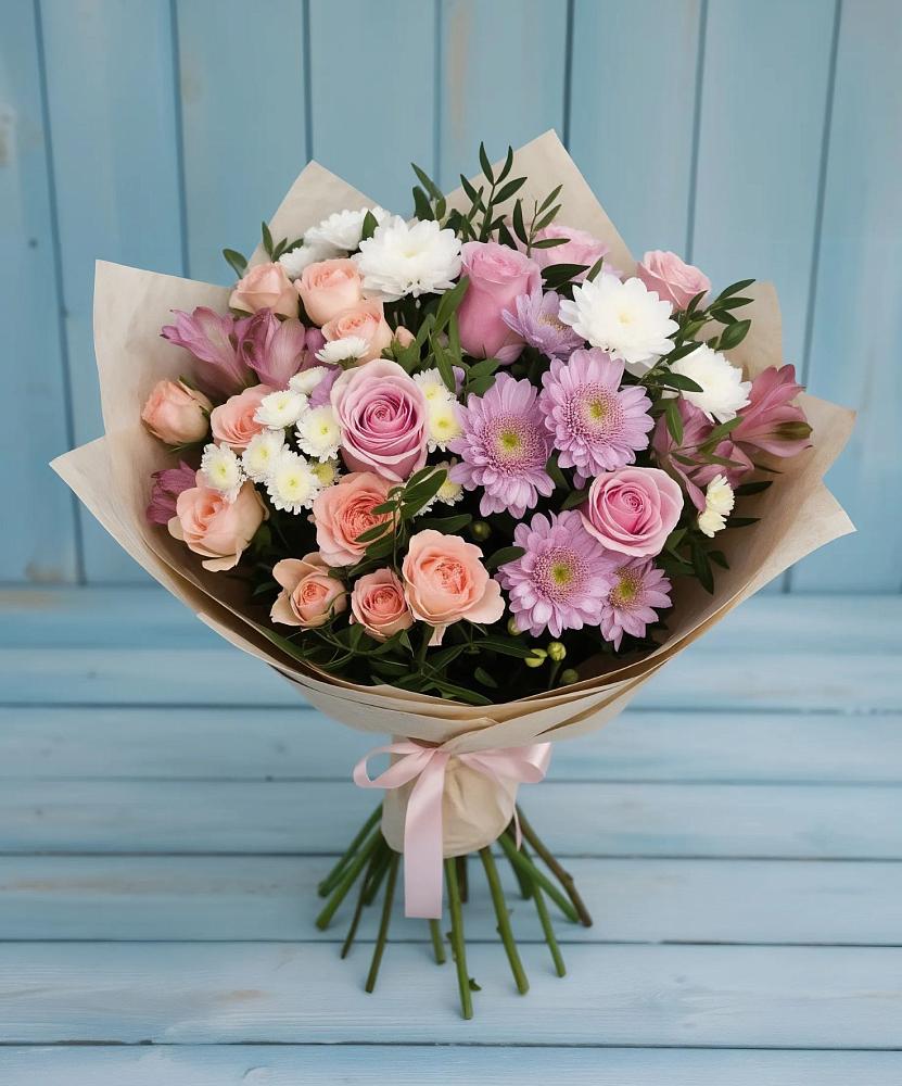 Букет цветов из: Хризантемы, Розы и Альстромерии в Анастасиевской