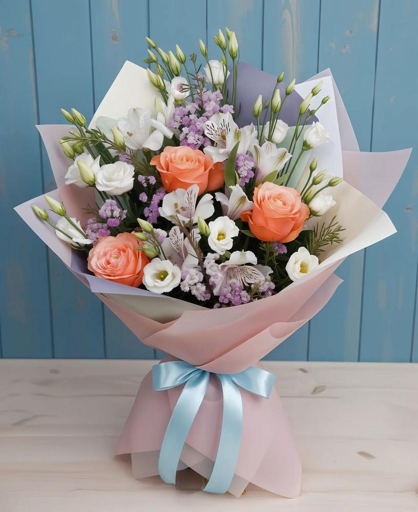 Букет цветов из: Лизиантусы, Розы, Альстромерии и Гипсофила в Анастасиевской